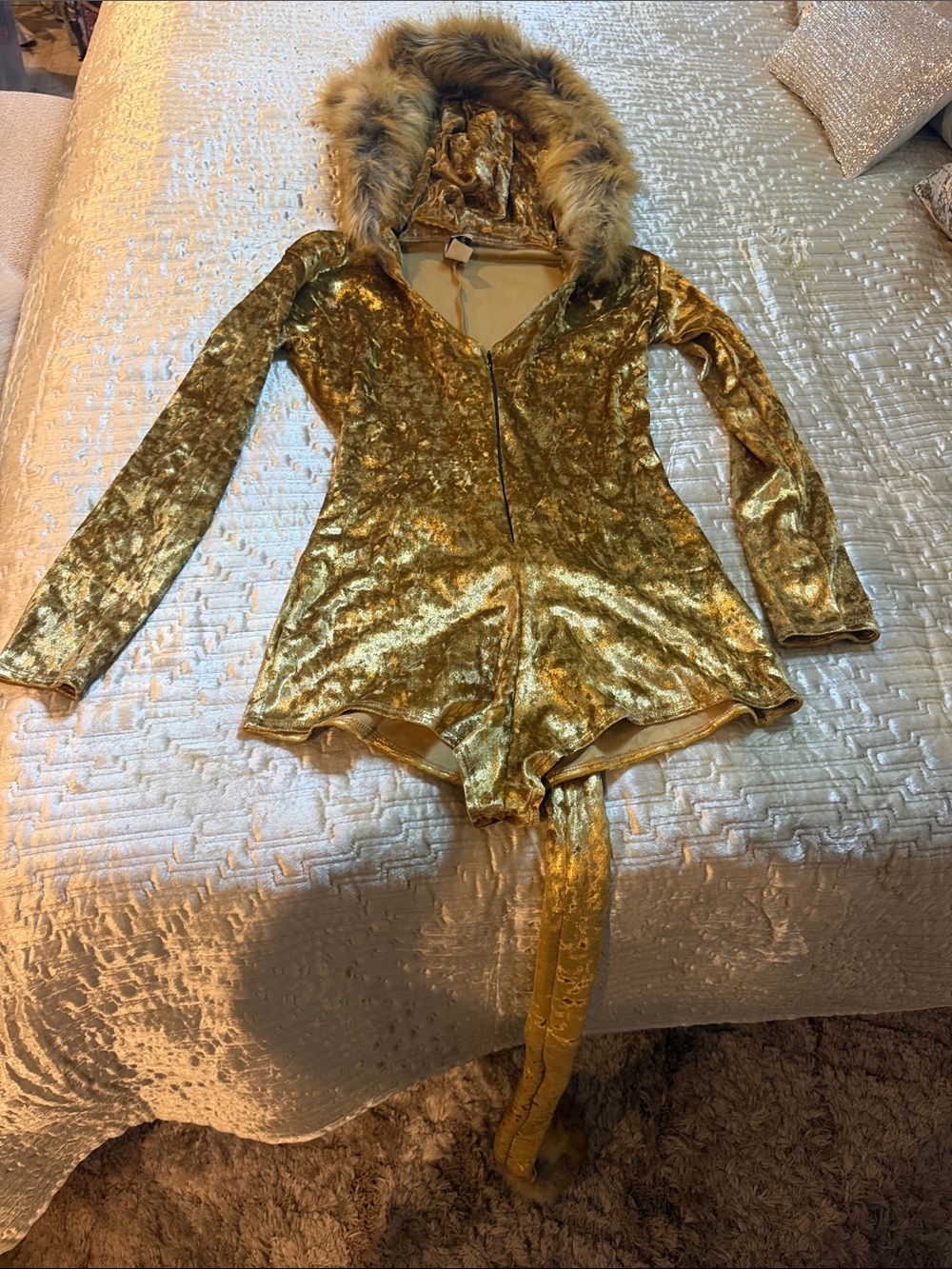 Gold Velvet Faux-Fur Hooded Romper lion costume